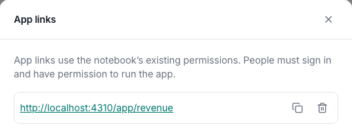 App links dialog with a named revenue link and access requirements