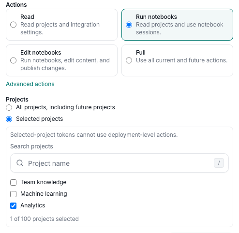 API token permissions limited to running notebooks in the Analytics project