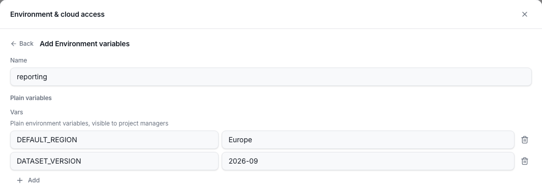Environment variables form with DEFAULT_REGION and DATASET_VERSION sample values