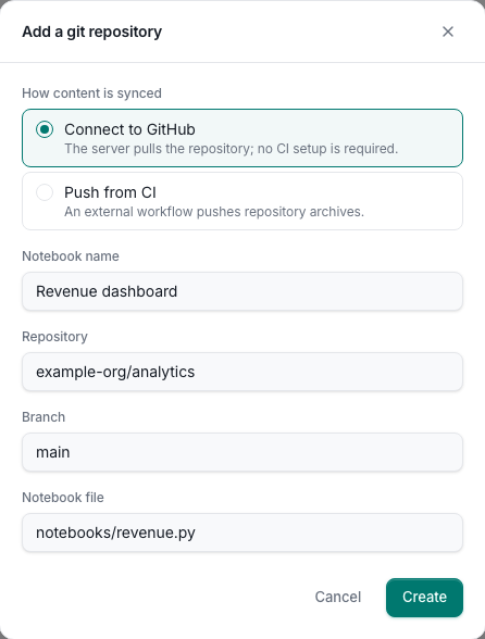 Git repository dialog with Connect to GitHub selected and example repository fields