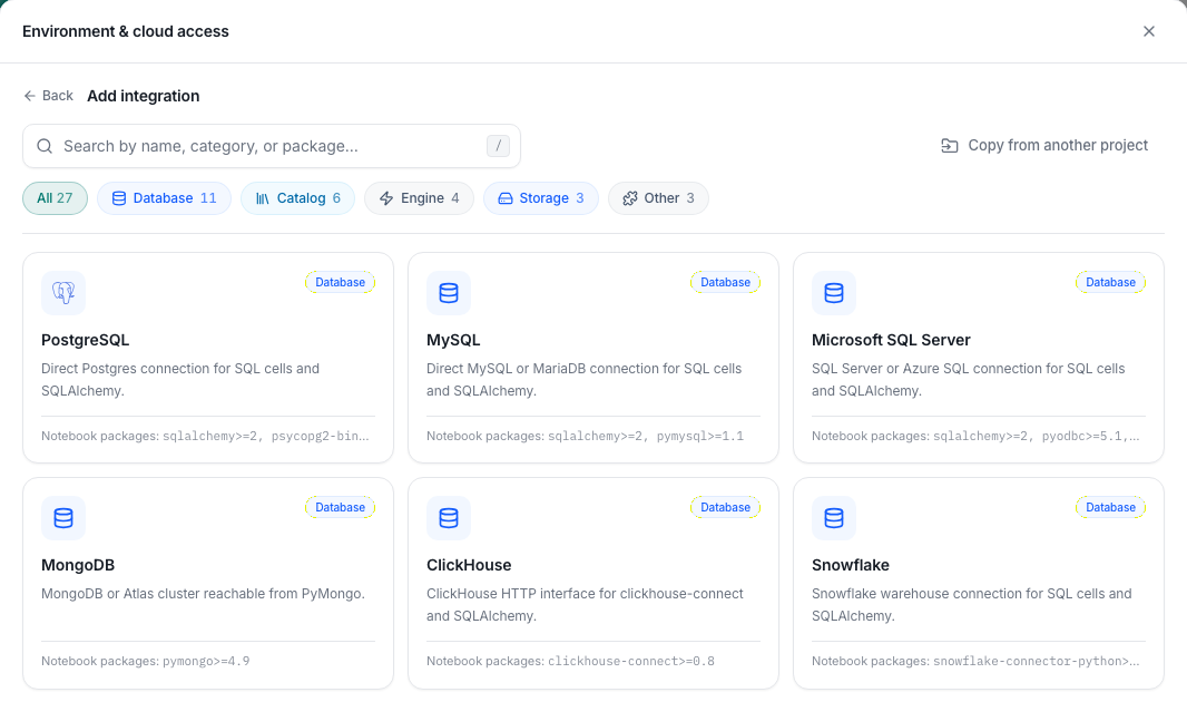 Integration catalog with category filters and six database options