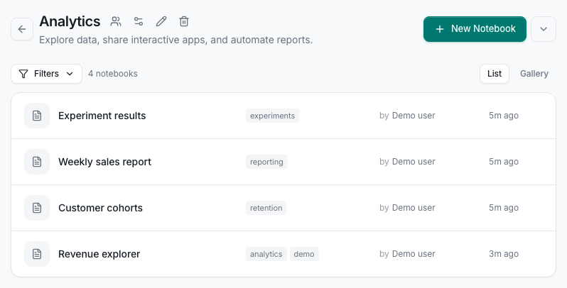 Analytics project with four tagged notebooks