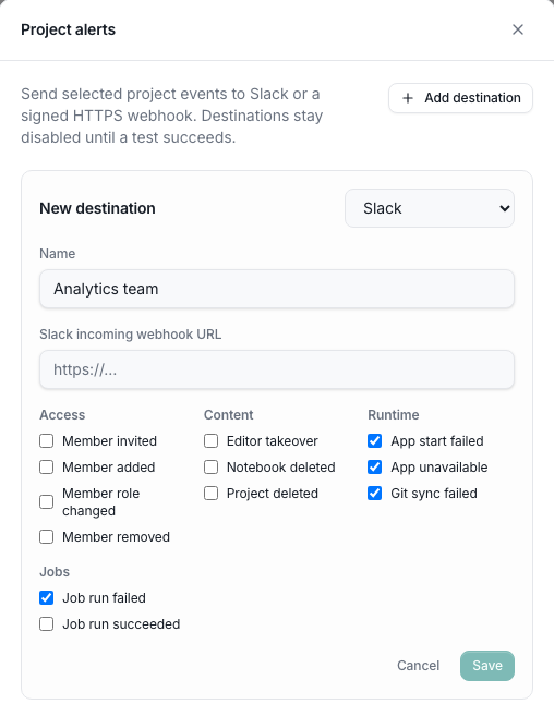 Project alerts form with app failures, Git sync failures, and failed jobs selected