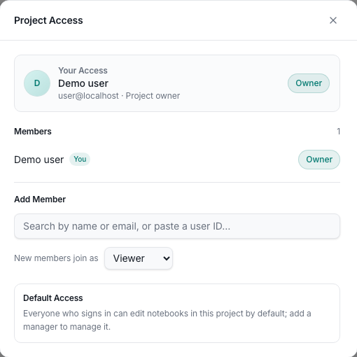 Project Access dialog with the owner, member picker, and Viewer role selected
