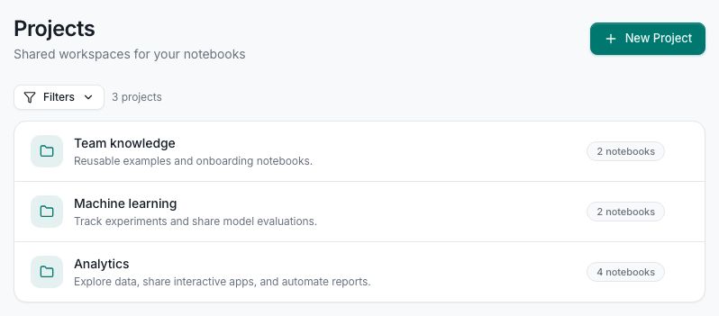 Projects page with Analytics, Machine learning, and Team knowledge projects