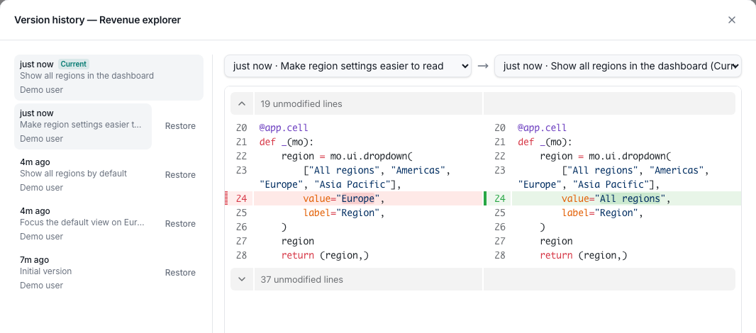Version history with a side-by-side diff of the default region and restore controls