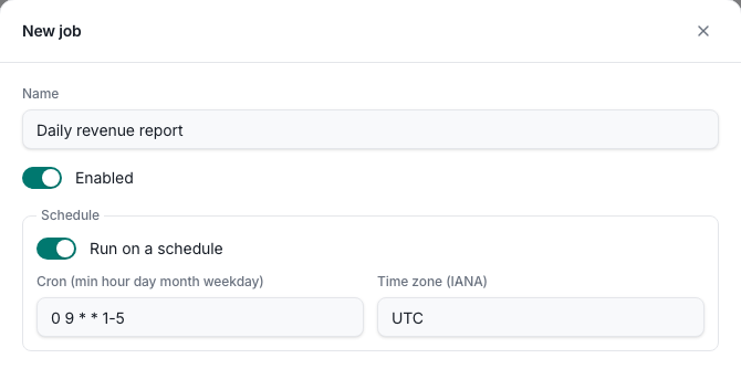 New job form with a weekday schedule at 09:00 UTC