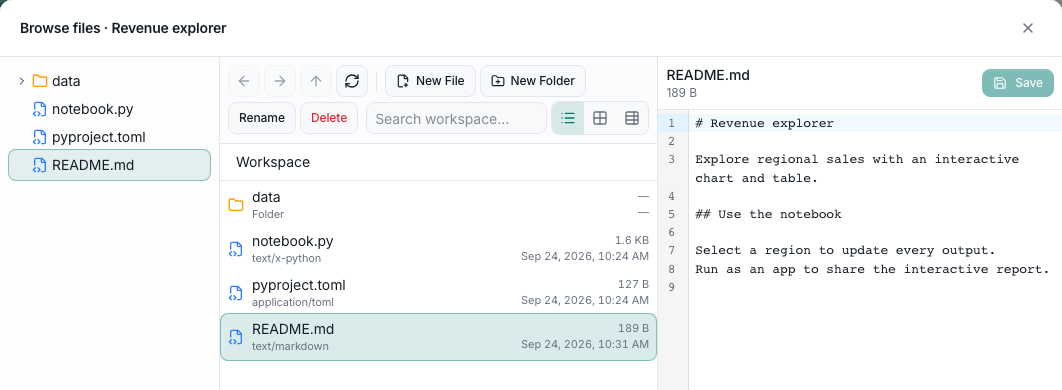 Workspace file tree and README editor